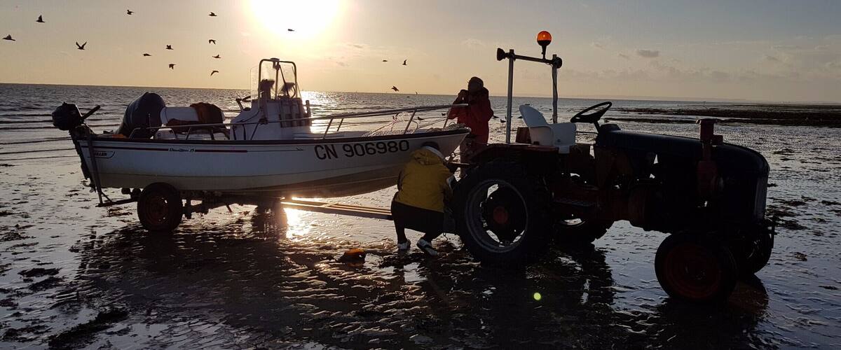 A boat with the registration CN 906980 on a beach at sunset, a tractor nearby, and seagulls flying in the sky.