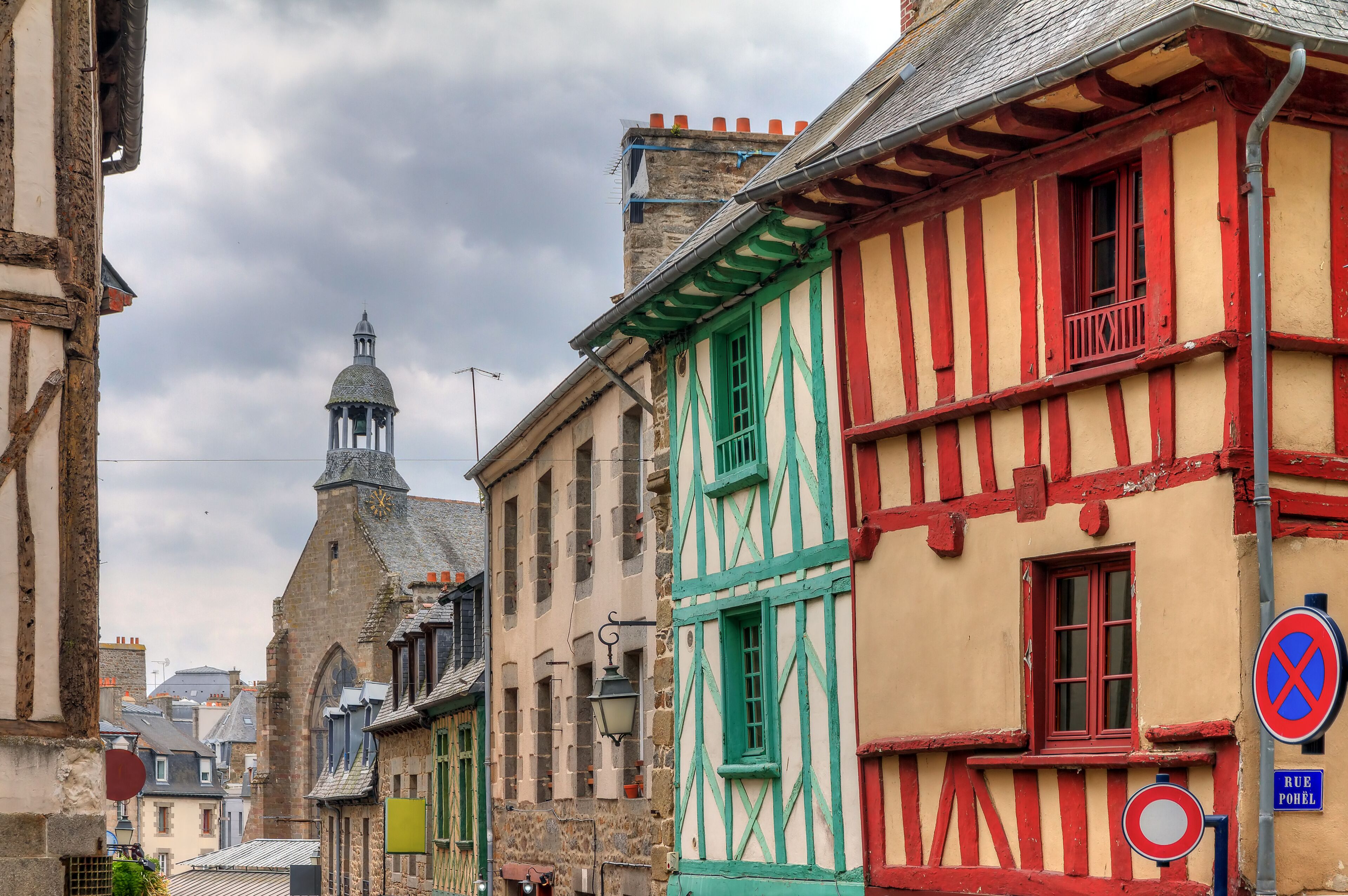 Beautiful cityscape of the ancient traditional houses with wooden beams in Saint-Brieuc, in the Côtes-d'Armor department in Brittany, France
