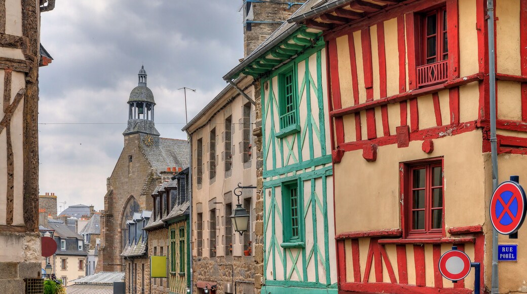 Beautiful cityscape of the ancient traditional houses with wooden beams in Saint-Brieuc, in the Côtes-d'Armor department in Brittany, France