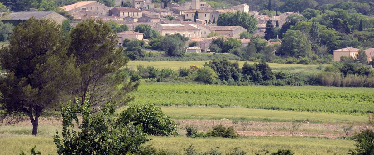 A rural village with traditional buildings nestled among rolling hills and vineyards.