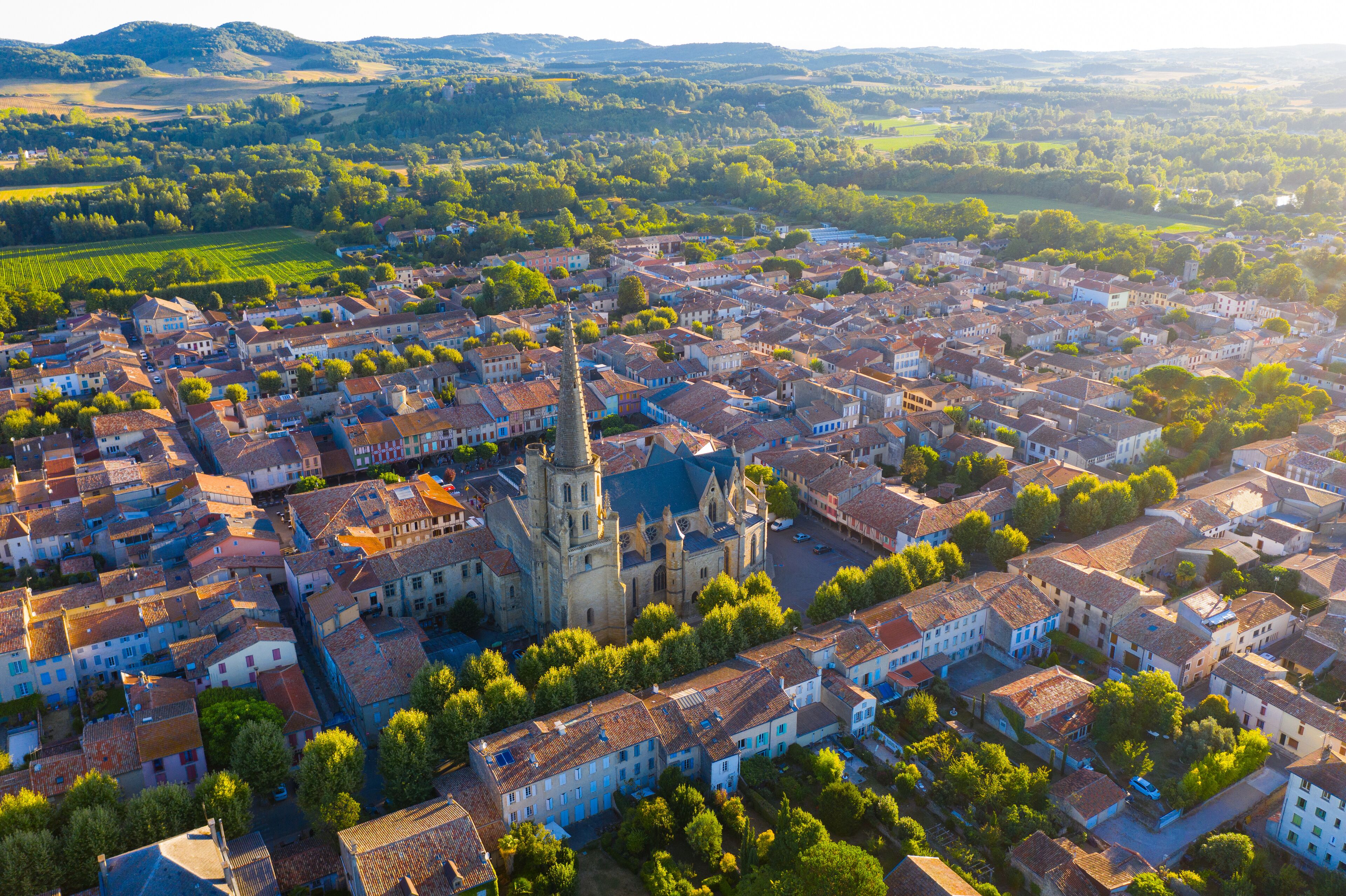 Aerial view of Mirepoix commune in Haute-Garonne department, southwestern France
