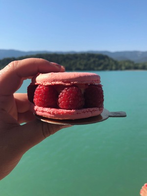 Macaron with raspberries and cream while sitting on the edge of a beautiful lake north of Aix-en-Provence #LifeAtExpedia #France #TroveonTuesday #Sweet