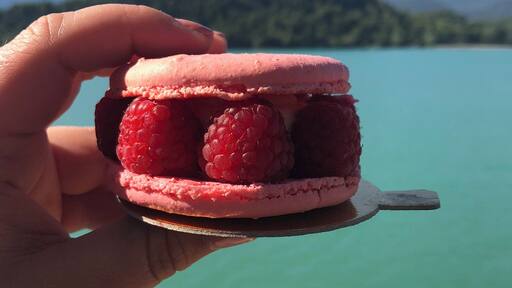 Macaron with raspberries and cream while sitting on the edge of a beautiful lake north of Aix-en-Provence #LifeAtExpedia #France #TroveonTuesday #Sweet