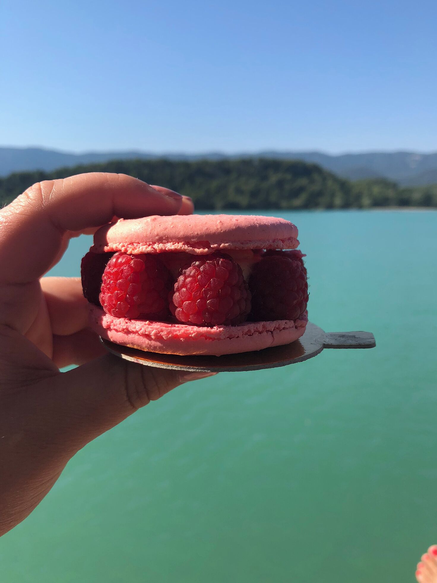 A hand holding a raspberry macaron with raspberries on a spoon over a turquoise lake with mountains in the background.