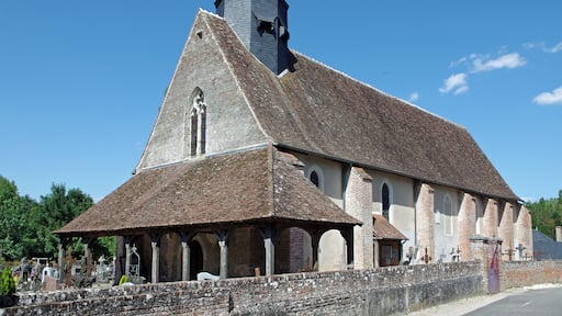 La FertĂ©-Beauharnais (Loir-et-Cher) Eglise Saint-BarthĂ©lemy. LâĂ©glise originelle du XIIe siĂšcle a Ă©tĂ© dĂ©truite au XIVe siĂšcle pour enfin ĂȘtre reconstruite au XVIe siĂšcle. Elle est composĂ© dâun porche de charpente et dâun vaisseau unique lambrissĂ© sâachevant par un chĆur Ă chevet plat. L'Ă©glise fondĂ©e en 1149, devint collĂ©giale Notre-Dame de la fertĂ©-Avrain en 1177. Au dĂ©but, 9 chanoines sĂ©culiers assuraient le culte. L'Ă©glise, qui connu les dĂ©sastres des guerres du Moyen-Ăge, fut reconstruite et de nouveau consacrĂ©e le 23 janvier 1524, sous le vocable de Saint-BarthĂ©lĂ©my. La collĂ©giale fut supprimĂ©e en 1712 et transformĂ©e en Ă©glise paroissiale. Le caquetoir, auvent devant l'entrĂ©e de l'Ă©glise, est frĂ©quent en Sologne. Les paroissiens s'y rĂ©unissent pour bavarder Ă l'abri.