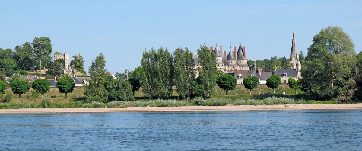 A river with a castle and church in the background.