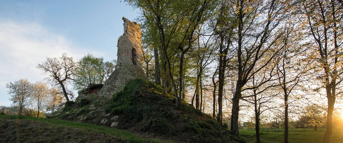 A stone ruin on a grassy hill with trees in the background.