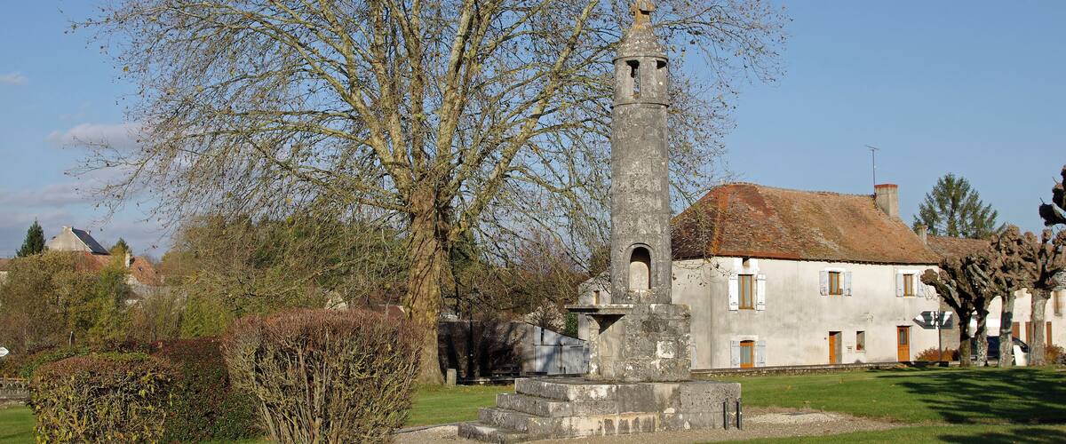 A historic tower in a village setting with a large tree in the foreground and a white building with a red roof in the background.