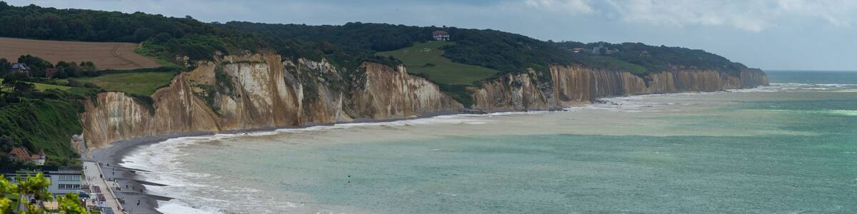 Panoramic view of the high cliffs at Hautot sur Mer in Normandy, France