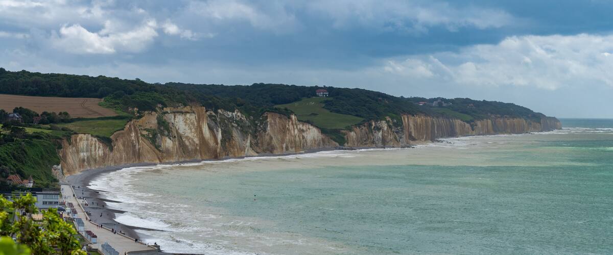 Panoramic view of the high cliffs at Hautot sur Mer in Normandy, France