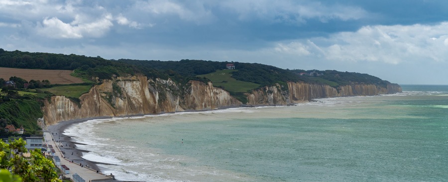 Panoramic view of the high cliffs at Hautot sur Mer in Normandy, France