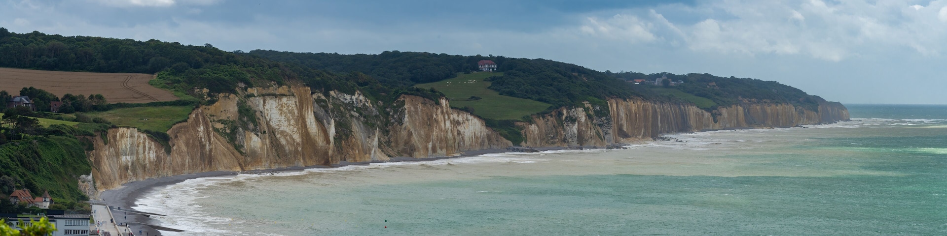 Panoramic view of the high cliffs at Hautot sur Mer in Normandy, France