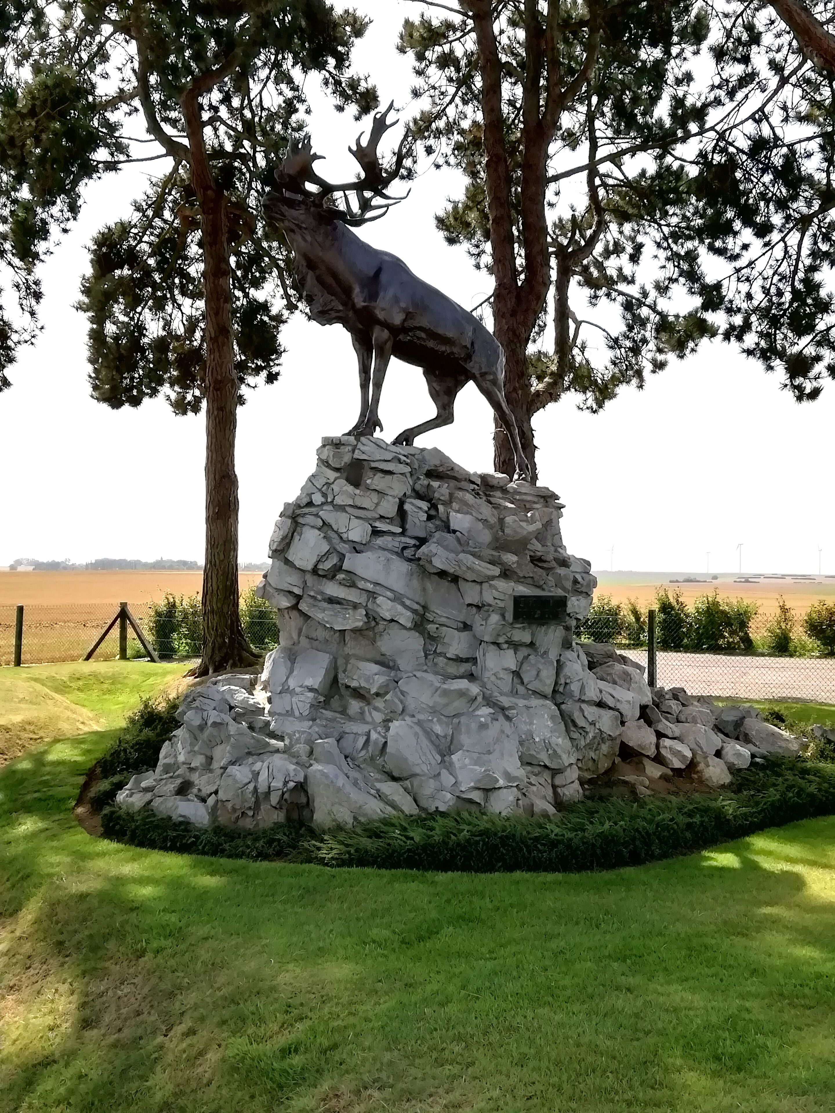 A wolf statue on a rocky pedestal surrounded by trees.
