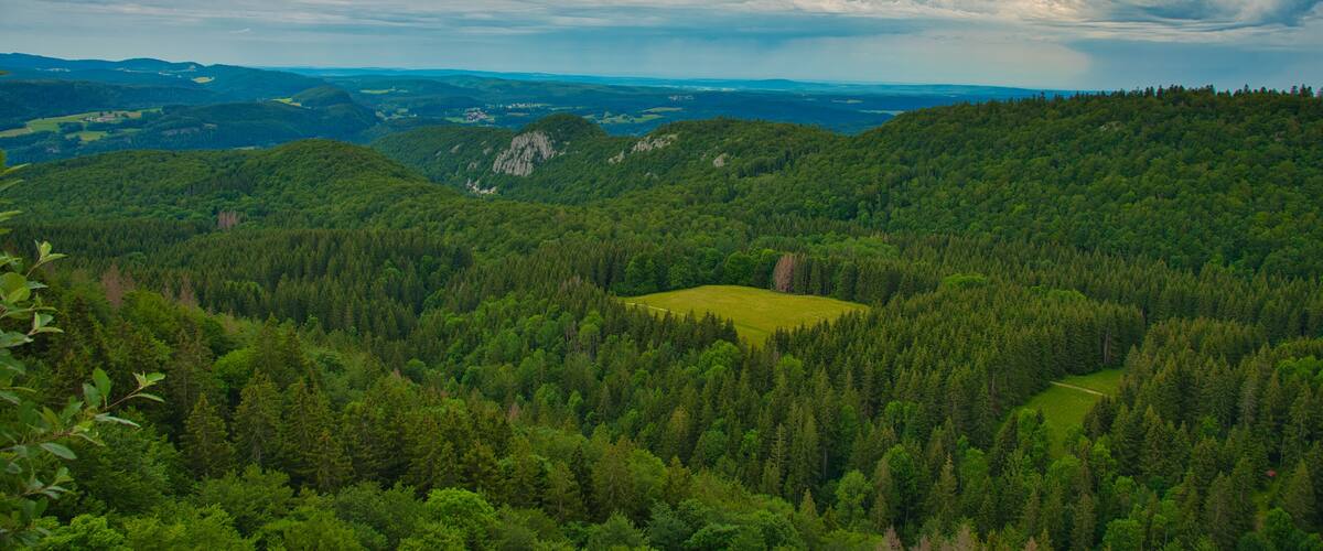 A mountainous landscape with dense forests, rolling hills, and a cloudy sky.