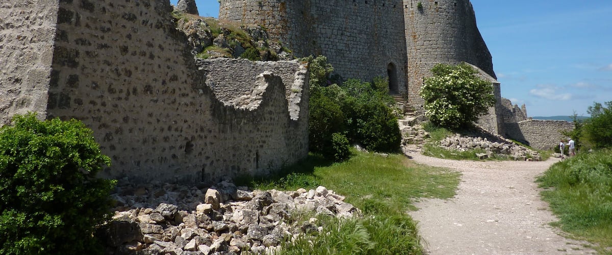 A medieval stone castle with two prominent towers and a surrounding stone wall.