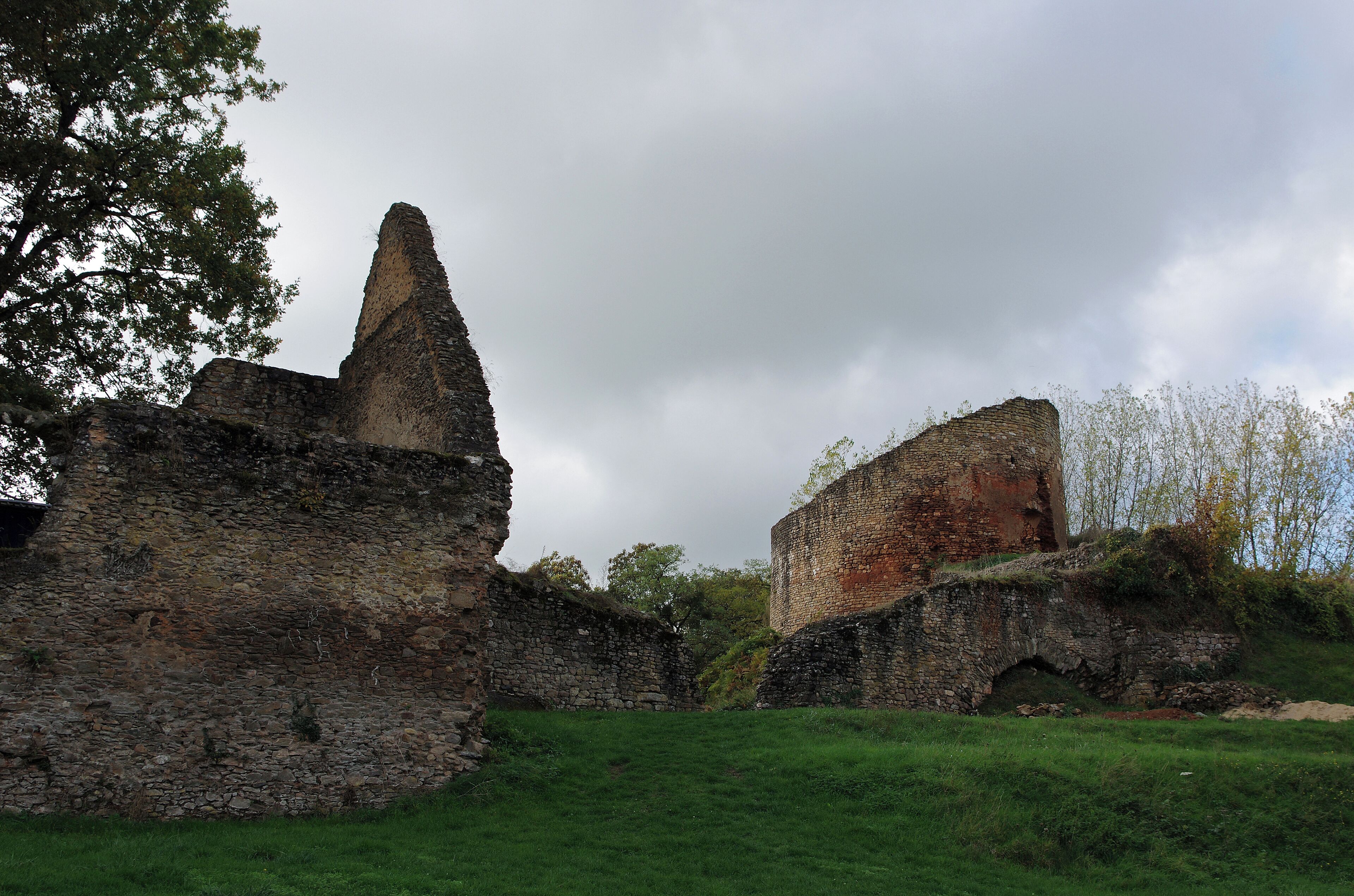 Cluis-Dessous (Indre) La chapelle castrale à gauche et le donjon circulaire. Le château domine la vallée de la Bouzanne. Cette forteresse des XIIème et XVème siècles renferme un châtelet d’entrée avec des vestiges du pont-levis flanqué de tours, un donjon du XIIème siècle sur motte, une enceinte et un corps de logis des XIVème et XVème. Elle domine la Vallée de la Bouzanne. La chapelle castrale, serait romane. La forteresse protégeait la frontière entre le royaume de France et le duché d'Aquitaine. L'aspect pédagogique du lieu est indéniable. Les restaurations sont heureusement discrètes. Le premier seigneur connu de Cluis est Giraud (vers 1000 - 1040), probable vassal de Déols. Le second seigneur, Boson, est connu par des faits se rapportant à la fondation de l’église de Neuvy Saint-Sépulchre (vers 1042). Boson fut excommunié suite à son refus de comparaître devant le concile de Poitiers suite à des désaccords avec les clercs de Neuvy-saint-Sépulchre (janvier 1078). Une charte concernant l'évêque de Bourges fait mention de Boson et de son fils Bertrand en 1087. Cette famille s'est éteinte vers 1090. Vers 1092, la châtellenie est partagée entre Eudes de Lignières qui reçu la ville de Cluis (Cluis-Dessus), et les seigneurs de Gargilesse qui reçurent le castrum (Cluis-Dessous). Le dédoublement de la paroisse aboutit aux appelations "Cluis-Dessus", la ville et "Cluis-Dessous", le castrum. Les seigneurs de Gargilesse gardèrent peu de temps le château, celui-ci passant dans les mains d'Alard Guillebaud, en 1102. Alard Guillebaud mourut vers 1130 en laissant une fille (Béatrix de Châteaumeillant) qui épousa Raoul VI de Déols (seigneur de Châteauroux). Cluis-Dessous retourna ainsi dans la maison de Déols alors que Cluis-Dessus resta au duc d'Aquitaine. Lors du divorce du roi de France et d'Aliénor d'Aquitaine, en 1152, Ebbes de Déols reste fidèle à sa suzeraine remariée avec le futur roi d'Angleterre, Henri II Plantagenet. Le roi de France, Louis VII, en représailles,entreprend de dévaster les seigneries des Déols: il incendie La Châtre, Château-Meillant et une partie du château de Déols. Ebbes de son côté brûle Cluis-Dessus dont le seigneur, Garnier de Cluis, est resté fidèle au roi de France. C'est le début des guerres franco-anglaises. En 1155, un différend entre les deux seigneurs au sujet de l'abbaye de Varennes, fut arbitré par Henri II Plantagenêt. Plantagenêt se déclara «fondateur, gardien et défenseur de l’abbaye», et fit retirer l’inscription du seigneur de Déols. Ebbes de Déols mourut en 1160 en laissant Déols et Cluis-Dessous à son fils aîné Raoul VII. En 1176, Raoul entreprit le voyage de Jérusalem et mourut, la même année, au retour, à Ravenne où il fut enterré. Il laissait pour seule héritière sa fille Denise de Déols* alors âgée de trois ans. L'oncle de Denise, Eudes seigneur de La Châtre et de Châteaumeillant, la prend en charge. Henri II Plantagenêt menace d'assiéger La Châtre si la fillette ne lui est pas remise. Ayant en charge de Denise, Plantagenêt s’empara de la jouissance de ses seigneuries. Henri II mariera la fillette à un des ses chevaliers, Beaudouin de Rives. Celui-ci meurt alors que Denise n'a pas 16 ans.Le fils de Henri II, Richard Ier dit Coeur de Lion, remariera Denise à André de Chauvigny, en l'église de Salisbury en 1189, en présence d'Aliénor d'Aquitaine. En 1188, Philippe Auguste s’empare de Châteauroux et de nombreux châteaux du Bas-Berry. À la suite du traité du Goulet, en mai 1200, Jean-sans-terre abandonne l'hommage des seigneurs berrichons au profit de Philippe Auguste. Par Denise, André de Chauvigny est seigneur de Déols*, La Châtre, Châteauroux, etc. Le couple donna naissance à Guillaume Ier de Chauvigny, seigneur vers 1206. C’est lui qui dut affranchir les habitants de Cluis-Dessous, vers 1215*. Il mourut au début de l’année 1234. Ce sont les Chauvigny qui créeront la forteresse telle qu'elle se présente. Après Guillaume Ier, se succéderont comme seigneurs de Cluis-Dessous : Guillaume II*, son fils; Guillaume III*, fils du précédent, à l'origine de la forteresse; André II*, fils du précédent; André III fils du précédent qui mourra à la bataille de Poitiers en 1356*. A la fin du XIVe siècle, vers 1358, Cluis-Dessous entra brièvement dans la famille de Villemur, par mariage du vicomte de Villemur avec Marguerite de Chauvigny, fille de André III. La châtellenie devant revenir à la maison de Châteauroux après la mort de Marguerite de Chauvigny et de ses enfants, la maison de Villemur ne gardera Cluis-Dessous que jusqu'en 1401. Guy II de Chevigny, petit fils de André III de Chauvigny, réclama son bien et après paiement de 10 300 livres tournois et 4000 florins il prit possession de la châtellenie le 11 août 1401. Guy II* s’installa au château où il y mourut en 1422 à 76 ans. Guy III hérita de Cluis-Dessous (et Châteauroux). Il aparticipa à la chevauchée de Jeanne d'Arc vers Reims. Homme pieux, il fonda un ermitage dans le bois du Plaix. Il mourut à 75 ans, à Châteauroux, le 25 mars 1483. François, fils aîné du précédent, prêta hommage à l'abbaye de Saint-Sulpice de Bourges*, pour Cluis-Dessous en juillet 1484. Son fils, André IV de Chauvigny, épousa Louise de Bourbon-Montpensier. A la mort de son époux en janvier 1503, le couple n'ayant pas d'enfants, Louise hérita des domaines. Elle épousa en secondes noces, en 1504, un cousin de la branche Bourbon-Vendôme, Louis de Bourbon prince de la Roche-sur-Yon. Après un long procès avec les héritiers naturels, les châtellenies de Cluis-Dessous, Neuvy Saint-Sépulcre, Aigurande et du Châtelet reviennent à Louise de Bourbon. Cluis-Dessous était désormais dans la famille Bourbon-Montpensier. Préférant la cour, les Montpensier ne mettront pas souvent les pieds à Cluis-Dessous. Au XVIIe siècle, Anne Marie-Louise d'Orléans, duchesse de Montpensier*, la "Grande Mademoiselle", fera restaurer la chapelle Notre-Dame de la Trinité proche du château. On signale son passage à Cluis-Dessous en 1666. L'héritier de Anne Marie-Louise d'Orléans, Philippe d'Orléans, frère de Louis XIV, abandonna complètement le château qui perdit rapidement de sa splendeur. Les ducs perçoivent les revenus de Cluis-Dessous mais la forteresse est délaissée. En 1697, la châtellenie est vendue, avec les seigneuries d'Aigurande et de Sainte-Sévère, à Léonor de Flexelles*, dit le "marquis de Brégy", ambassadeur en Pologne et en Suède. Le marquis de Brégy reçut Cluis-Dessous en paiement d'une dette. Le château resta peu de temps dans la famille de Brégy, le dernier du nom, Germain Christophe*, mourut en 1762, sans descendance. Gabriel de Montaignac, descendant des Gaucourt, seigneurs de Cluis-Dessus, par sa mère, racheta le château de Cluis-Dessous et de ses dépendances en 1767*, et réunit les deux paroisses de Cluis-Dessus et de Cluis-Dessous. Le domaine passa ensuite par mariage dans la famille du marquis de Lestrange*. Les deux Cluis furent réunis en une seule commune en 1818. La commune achète le château en 1980, sa consolidation et son animation sont confiées à l’ASSC (Association pour la sauvegarde des sites de Cluis). Un ancien manuscrit, copié par le Père Péan Cordelier, assure que Raoul VII de Déols eut deux fils qu'un accident lui enleva en même temps, l'aîné à 16 ans et l'autre à 14. "Ces deux jeunes Princes prenant ensemble le divertissement de la chasse sur l'étang de Grammont, l'un d'eux tira sur un canard et le tua, et le voulant prendre se jeta inconsidérément dans l'étang, où l'autre le voyant engagé et en péril, et voulant secourir, s'y jeta aussi, et l'un et l'autre y périrent misérablement ; ce qui fut cause pour le Prince leur père en mémoire de cet accident, qui lui enlevait l'espérance de son nom et l'appui de sa maison, fonda au même lieu l'église et le prieuré de Grammont, qu'il dota de ses biens, et fit ériger en l'église un tombeau élevé, où l'on voit encore aujourd'hui dans les ruines de ce prieuré les effigies de ces deux jeunes Seigneurs gravés sur leur tombeau ..." (Histoire de Berry. Par Gaspard Thaumas de la Thaumassiere - Bourges 1689) L'abbé de Déols, attaquera le mariage de Denise de Déols avec André de Chauvigny, au prétexte d'une consanguinité incertaine qui en réalité n'est qu'une question d'intérêts. L'évêque de Bourges suivra son curé, et prononcera la nullité du mariage. Le couple fera appel au pape Célestin III, mais c'est son successeur, Innocent III qui validera le mariage. Innocent III déclarera: «il n'est pas facile de ne pas admettre un mariage qui a duré si longtemps et d'où une nombreuse descendance est issue». Cette apparente bienveillance du Pape cache certainement un marchandage, le seigneur de Déols reconnaissant la puissance de l'abbaye de Déols. "La châtellenie de Cluis-Dessous est composée de quatre paroisses, dont les habitants étaient autrefois des serfs du seigneurs châtelain. Ces habitants furent affaranchis par des seigneurs de la maison de Chauvigny, et la seigneurie est divisée de tems immémorials en quatre affranchissements généraux, celui du bourg et paroisse de Cluis, celui de la Forêt-Montpeigner, celui de Crozon, et celui de Mouheres. Le seigneur s'est réservé dans chacun de ces affranchissements des droits dont les uns sont purement personnels, les uns réels, et les autres mixtes, qui son dûs par les habitants à cause des fonds dont ils sont propriétaires." (Oeuvres posthumes de maître Louis de Héricourt contenant ses mémoires sur des questions de droit civil, tome II - Paris 1759) Guillaume II, participa aux deux croisades de Saint-Louis. Il mourut de retour de la deuxième, à Palerme, en janvier 1271. Guillaume III succéda à son père Guillaume II. C'est ce seigneur qui fit construire la forteresse. En 1292, il fit faire un dénombrement de ses fiefs. André II, prête hommage à l’abbé de Saint-Sulpice, son suzerain effectif, le 27 septembre 1327. Il donnera la châtellenie en apanage à son fils André III le 11 janvier 1335, mais son père ayant promis à sa fille Marguerite une dot de 1000 livres de terres lors de son mariage avec le vicomte de Villemur, André III dut renoncer. Le 19 septembre 1356, l'armée française est écrasée par les archers anglais au nord de Poitiers (à Nouaillé-Maupertuis). Cette défaite militaire relance la guerre de Cent Ans et qui avait commencé vingt ans plus tôt sous Philippe VI de Valois. L'armée anglaise de 7 000 hommes est commandée par le Prince Noir. Le roi de France, Jean II le Bon, aligne 15 000 hommes. La charge des chevaliers français tourne au désastre devant les archers anglais. Jean le Bon et son quatrième fils âgé de 14 ans, Philippe le Hardi, lâchés par les chevaliers lors de la poursuite du Prince Noir, seront fait prisonniers. C'est au cours de cet épisode que Philippe le Hardi encouragera son père, par ces paroles célèbres ; "Père, gardez-vous à droite, père, gardez-vous à gauche !". Le roi d'Angleterre, Edouard III, exigera une énorme rançon pour la libération du roi de France. A la mort de Jean le Bon en 1364, seul un tiers de la rançon a été payé. Le traité de Brétigny, en 1360, cédera pratiquement tout le sud-ouest de la France au royaume d'Angleterre. Guy II de Chauvigny, également vicomte de Brosse, ayant pris le parti du roi, se battra aux côtés de Dugesclin. Il sera fait chevalier de sa main. Guy II meurt à Cluis-Dessous en 1422. Située à l'ouest de Bourges, l'abbaye bénédictine Saint-Sulpice avait été dotée d'un marché hebdomadaire et de foires annuelles par Louis le Pieux. Charles le Chauve lui accorda de nombreux privilèges judiciaires, fiscaux, économiques. L'abbaye Saint-Sulpice alliait puissance matérielle et prestige religieux. A l'origine était une modeste colonie religieuse organisée par l'évêque Sulpice au VIIe siècle. Dans un acte de 650, on apprend que Clovis II accorde de nombreux avantage à l'abbé de Saint-Sulpice. Le monastère avait répondu favorablement, avec 20 monastères du Berry sur 29, à l'appel de Philippe le Bel à le soutenir dans sont conflit avec la papauté. Anne Marie-Louise d'Orléans, duchesse de Montpensier, dite "la Grande Mademoiselle", cousine germaine de Louis XIV, prit parti pour la Fronde des princes (1650-1653), elle fit même tirer les canons de la Bastille contre les troupes royales et ouvrir les portes de Paris à Condé, le 1er juillet 1652. L'échec de la Fronde auboutira au renforcement de la monarchie. Contrainte de s'exiler après le retour du jeune roi et de Mazarin, elle demeura sur sa terre de Saint-Fargeau jusqu'en 1657. En 1670, âgée de 45 ans et toujours non mariée, elle tombe amoureuse du bellâtre Lauzun de six ans son cadet. Séducteur impénitent, Lauzun disputa même au roi la conquète de madame de Valentinois, ce qui lui fit goûter la bastille une première fois. Il séjourna à la bastille une deuxième fois, pour s'être caché sous le lit du roi et de madame de Montespan, afin d'écouter leur conversation, pour savoir si la maîtresse du roi était responsable d'un refus du roi concernant une charge demandée. Après avoir d'abord accepté, devant le tolé général, le roi refusa le mariage de la Grande Mademoiselle et de Lauzun. Lauzun, arrêté dans sa chambre à saint-Germain, fut conduit par d'Artagnan à la forteresse de Pignerol où il retrouva Fouquet; il y resta 10 ans, de 1671 à 1681. En 1695, à l'âge de 62 ans, le vieux barbon épouse une belle-sœur de Saint-Simon, Geneviève-Marie de Durfort, âgée de 15 ans. Il s'éteint en 1723 à 90 ans. On dit que la duchesse de Montpensier épousa Lauzun secrètement, vers 1671, ce qui n'empêchera pas Lauzun de reprendre sa carrière de séducteur. Malgré sa grande richesse, la duchesse de Montpensier resta d'une avarice légendaire qui la rendit peu sympathique. Le 15 avril 1693, elle fut prise d'une maladie de vessie qui s'aggrava rapidement. Elle mourut le 5avril, à 66 ans, et fut enterrées à Saint-Denis. "Au milieu de la cérémonie, une urne dans laquelle, par un arrangement bizarre, on avait enfermé les entrailles, « se fracassa avec un bruit épouvantable et une puanteur subite et intolérable [59]. » Des femmes s’évanouirent, le reste de l’assistance gagna le grand air à la course. « — Tout fut parfumé et rétabli, » mais cette scène burlesque devint la risée de Paris. Il était écrit que la Grande Mademoiselle aurait toujours son petit coin de ridicule, même le jour de son enterrement." (La Grande Mademoiselle - Arvède Barine - Revue des Deux Mondes tome 25, 1905) Léonor de Flesselles (Flexelles, Flécelles) dit «Marquis de Brégy» décédé sans enfants en 1712. Il est également vicomte de Corbeil, seigneur de Tigery, chevalier d’honneur au Siège & Présidial de Crépy-en-Valois, conseiller d’Etat, Lieutenant pour le Roi au Gouvernement de l’Isle de France, Ambassadeur Extraordinaire en Pologne puis en Suède. En 1676, il épouse en premières noces Dame Marie des Croisettes-de Saint Mesme et en seconde noces (décédée en octobre 1688), et en secondes noces, en 1696, Catherine Jeanne Auzanet, fille de Barthélémi Auzanet, conseiller au Grand Conseil . Germain Christophe Flécelles dit le Marquis de Brégy, baron de Sainte-Sévère, seigneur de Brégy, d'Aigurande, d'Aigurandelle, de Cluis-Dessous, de la Vervollière, etc, est décédé en août 1762 dans la terre de Cluis-Dessus appartenant au marquis de Gaucourt. Il fut inhumé dans l'église Saint-Christophe de Cluis. Le fief comprend 100 hameaux ou métairies (sur les paroisses de Cluis-Dessus, Mouhers, Crozon, La Buxerette, Saint-Denis de Jouhet et autres), ainsi que le fourneau à fer de Cluis-Dessous et les forges de Crozon. Mariage de Gabrielle de Montaignac avec Alexandre de Lestrange en 1770. www.syndicat-initiative-cluis.com/histoire/ archive.is/OeRR fr.wikipedia.org/wiki/Cluis www.rempart.com/site-forteresse-de-cluis/123362 www.rempart.com/asso-association-pour-la-sauvegarde-des-s...