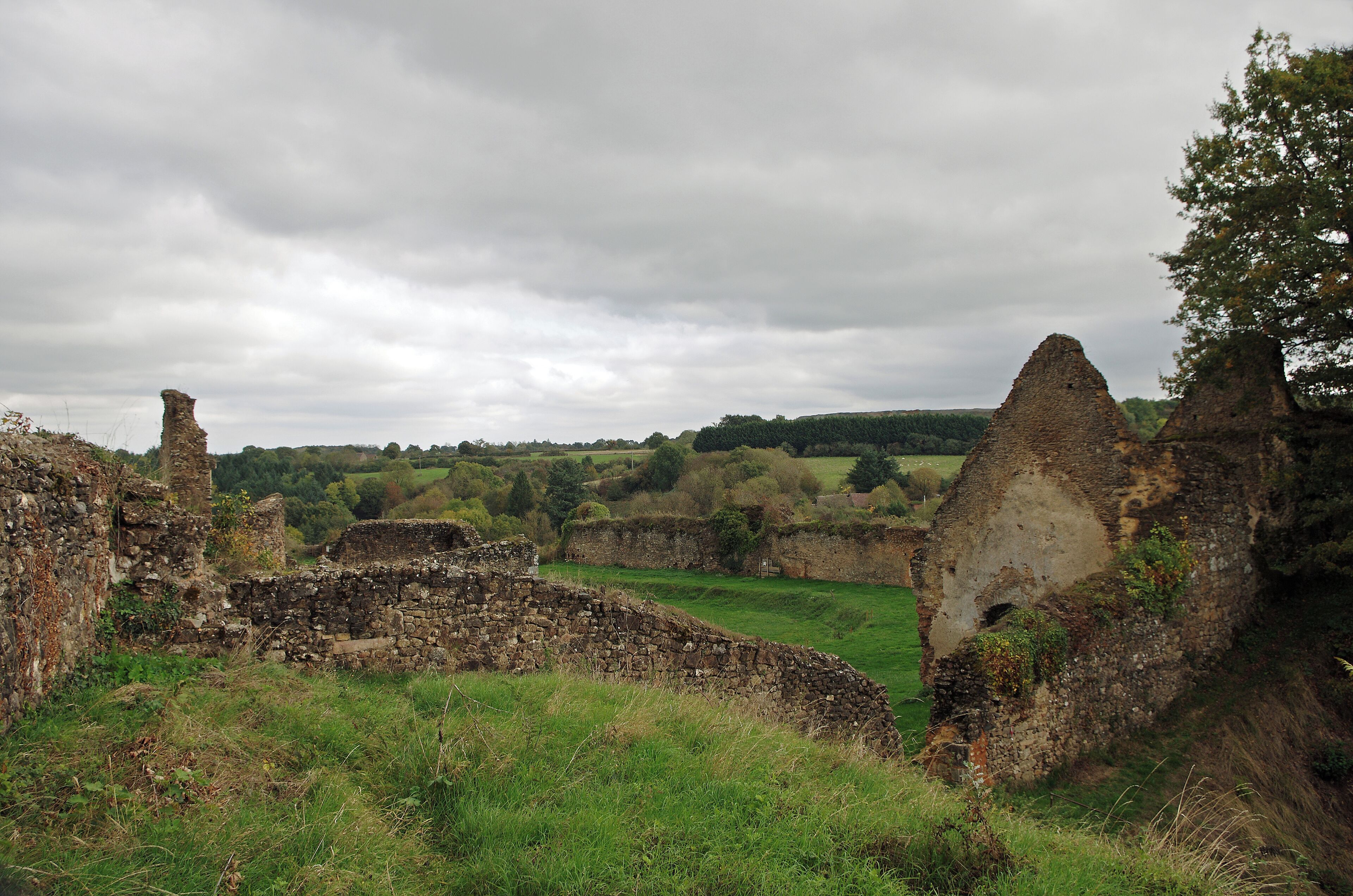 Cluis-Dessous (Indre) Le château domine la vallée de la Bouzanne. Cette forteresse des XIIème et XVème siècles renferme un châtelet d’entrée avec des vestiges du pont-levis flanqué de tours, un donjon du XIIème siècle sur motte, une enceinte et un corps de logis des XIVème et XVème. Elle domine la Vallée de la Bouzanne. La chapelle castrale, serait romane. La forteresse protégeait la frontière entre le royaume de France et le duché d'Aquitaine. L'aspect pédagogique du lieu est indéniable. Les restaurations sont heureusement discrètes. Le premier seigneur connu de Cluis est Giraud (vers 1000 - 1040), probable vassal de Déols. Le second seigneur, Boson, est connu par des faits se rapportant à la fondation de l’église de Neuvy Saint-Sépulchre (vers 1042). Boson fut excommunié suite à son refus de comparaître devant le concile de Poitiers suite à des désaccords avec les clercs de Neuvy-saint-Sépulchre (janvier 1078). Une charte concernant l'évêque de Bourges fait mention de Boson et de son fils Bertrand en 1087. Cette famille s'est éteinte vers 1090. Vers 1092, la châtellenie est partagée entre Eudes de Lignières qui reçu la ville de Cluis (Cluis-Dessus), et les seigneurs de Gargilesse qui reçurent le castrum (Cluis-Dessous). Le dédoublement de la paroisse aboutit aux appelations "Cluis-Dessus", la ville et "Cluis-Dessous", le castrum. Les seigneurs de Gargilesse gardèrent peu de temps le château, celui-ci passant dans les mains d'Alard Guillebaud, en 1102. Alard Guillebaud mourut vers 1130 en laissant une fille (Béatrix de Châteaumeillant) qui épousa Raoul VI de Déols (seigneur de Châteauroux). Cluis-Dessous retourna ainsi dans la maison de Déols alors que Cluis-Dessus resta au duc d'Aquitaine. Lors du divorce du roi de France et d'Aliénor d'Aquitaine, en 1152, Ebbes de Déols reste fidèle à sa suzeraine remariée avec le futur roi d'Angleterre, Henri II Plantagenet. Le roi de France, Louis VII, en représailles,entreprend de dévaster les seigneries des Déols: il incendie La Châtre, Château-Meillant et une partie du château de Déols. Ebbes de son côté brûle Cluis-Dessus dont le seigneur, Garnier de Cluis, est resté fidèle au roi de France. C'est le début des guerres franco-anglaises. En 1155, un différend entre les deux seigneurs au sujet de l'abbaye de Varennes, fut arbitré par Henri II Plantagenêt. Plantagenêt se déclara «fondateur, gardien et défenseur de l’abbaye», et fit retirer l’inscription du seigneur de Déols. Ebbes de Déols mourut en 1160 en laissant Déols et Cluis-Dessous à son fils aîné Raoul VII. En 1176, Raoul entreprit le voyage de Jérusalem et mourut, la même année, au retour, à Ravenne où il fut enterré. Il laissait pour seule héritière sa fille Denise de Déols* alors âgée de trois ans. L'oncle de Denise, Eudes seigneur de La Châtre et de Châteaumeillant, la prend en charge. Henri II Plantagenêt menace d'assiéger La Châtre si la fillette ne lui est pas remise. Ayant en charge de Denise, Plantagenêt s’empara de la jouissance de ses seigneuries. Henri II mariera la fillette à un des ses chevaliers, Beaudouin de Rives. Celui-ci meurt alors que Denise n'a pas 16 ans.Le fils de Henri II, Richard Ier dit Coeur de Lion, remariera Denise à André de Chauvigny, en l'église de Salisbury en 1189, en présence d'Aliénor d'Aquitaine. En 1188, Philippe Auguste s’empare de Châteauroux et de nombreux châteaux du Bas-Berry. À la suite du traité du Goulet, en mai 1200, Jean-sans-terre abandonne l'hommage des seigneurs berrichons au profit de Philippe Auguste. Par Denise, André de Chauvigny est seigneur de Déols*, La Châtre, Châteauroux, etc. Le couple donna naissance à Guillaume Ier de Chauvigny, seigneur vers 1206. C’est lui qui dut affranchir les habitants de Cluis-Dessous, vers 1215*. Il mourut au début de l’année 1234. Ce sont les Chauvigny qui créeront la forteresse telle qu'elle se présente. Après Guillaume Ier, se succéderont comme seigneurs de Cluis-Dessous : Guillaume II*, son fils; Guillaume III*, fils du précédent, à l'origine de la forteresse; André II*, fils du précédent; André III fils du précédent qui mourra à la bataille de Poitiers en 1356*. A la fin du XIVe siècle, vers 1358, Cluis-Dessous entra brièvement dans la famille de Villemur, par mariage du vicomte de Villemur avec Marguerite de Chauvigny, fille de André III. La châtellenie devant revenir à la maison de Châteauroux après la mort de Marguerite de Chauvigny et de ses enfants, la maison de Villemur ne gardera Cluis-Dessous que jusqu'en 1401. Guy II de Chevigny, petit fils de André III de Chauvigny, réclama son bien et après paiement de 10 300 livres tournois et 4000 florins il prit possession de la châtellenie le 11 août 1401. Guy II* s’installa au château où il y mourut en 1422 à 76 ans. Guy III hérita de Cluis-Dessous (et Châteauroux). Il aparticipa à la chevauchée de Jeanne d'Arc vers Reims. Homme pieux, il fonda un ermitage dans le bois du Plaix. Il mourut à 75 ans, à Châteauroux, le 25 mars 1483. François, fils aîné du précédent, prêta hommage à l'abbaye de Saint-Sulpice de Bourges*, pour Cluis-Dessous en juillet 1484. Son fils, André IV de Chauvigny, épousa Louise de Bourbon-Montpensier. A la mort de son époux en janvier 1503, le couple n'ayant pas d'enfants, Louise hérita des domaines. Elle épousa en secondes noces, en 1504, un cousin de la branche Bourbon-Vendôme, Louis de Bourbon prince de la Roche-sur-Yon. Après un long procès avec les héritiers naturels, les châtellenies de Cluis-Dessous, Neuvy Saint-Sépulcre, Aigurande et du Châtelet reviennent à Louise de Bourbon. Cluis-Dessous était désormais dans la famille Bourbon-Montpensier. Préférant la cour, les Montpensier ne mettront pas souvent les pieds à Cluis-Dessous. Au XVIIe siècle, Anne Marie-Louise d'Orléans, duchesse de Montpensier*, la "Grande Mademoiselle", fera restaurer la chapelle Notre-Dame de la Trinité proche du château. On signale son passage à Cluis-Dessous en 1666. L'héritier de Anne Marie-Louise d'Orléans, Philippe d'Orléans, frère de Louis XIV, abandonna complètement le château qui perdit rapidement de sa splendeur. Les ducs perçoivent les revenus de Cluis-Dessous mais la forteresse est délaissée. En 1697, la châtellenie est vendue, avec les seigneuries d'Aigurande et de Sainte-Sévère, à Léonor de Flexelles*, dit le "marquis de Brégy", ambassadeur en Pologne et en Suède. Le marquis de Brégy reçut Cluis-Dessous en paiement d'une dette. Le château resta peu de temps dans la famille de Brégy, le dernier du nom, Germain Christophe*, mourut en 1762, sans descendance. Gabriel de Montaignac, descendant des Gaucourt, seigneurs de Cluis-Dessus, par sa mère, racheta le château de Cluis-Dessous et de ses dépendances en 1767*, et réunit les deux paroisses de Cluis-Dessus et de Cluis-Dessous. Le domaine passa ensuite par mariage dans la famille du marquis de Lestrange*. Les deux Cluis furent réunis en une seule commune en 1818. La commune achète le château en 1980, sa consolidation et son animation sont confiées à l’ASSC (Association pour la sauvegarde des sites de Cluis). Un ancien manuscrit, copié par le Père Péan Cordelier, assure que Raoul VII de Déols eut deux fils qu'un accident lui enleva en même temps, l'aîné à 16 ans et l'autre à 14. "Ces deux jeunes Princes prenant ensemble le divertissement de la chasse sur l'étang de Grammont, l'un d'eux tira sur un canard et le tua, et le voulant prendre se jeta inconsidérément dans l'étang, où l'autre le voyant engagé et en péril, et voulant secourir, s'y jeta aussi, et l'un et l'autre y périrent misérablement ; ce qui fut cause pour le Prince leur père en mémoire de cet accident, qui lui enlevait l'espérance de son nom et l'appui de sa maison, fonda au même lieu l'église et le prieuré de Grammont, qu'il dota de ses biens, et fit ériger en l'église un tombeau élevé, où l'on voit encore aujourd'hui dans les ruines de ce prieuré les effigies de ces deux jeunes Seigneurs gravés sur leur tombeau ..." (Histoire de Berry. Par Gaspard Thaumas de la Thaumassiere - Bourges 1689) L'abbé de Déols, attaquera le mariage de Denise de Déols avec André de Chauvigny, au prétexte d'une consanguinité incertaine qui en réalité n'est qu'une question d'intérêts. L'évêque de Bourges suivra son curé, et prononcera la nullité du mariage. Le couple fera appel au pape Célestin III, mais c'est son successeur, Innocent III qui validera le mariage. Innocent III déclarera: «il n'est pas facile de ne pas admettre un mariage qui a duré si longtemps et d'où une nombreuse descendance est issue». Cette apparente bienveillance du Pape cache certainement un marchandage, le seigneur de Déols reconnaissant la puissance de l'abbaye de Déols. "La châtellenie de Cluis-Dessous est composée de quatre paroisses, dont les habitants étaient autrefois des serfs du seigneurs châtelain. Ces habitants furent affaranchis par des seigneurs de la maison de Chauvigny, et la seigneurie est divisée de tems immémorials en quatre affranchissements généraux, celui du bourg et paroisse de Cluis, celui de la Forêt-Montpeigner, celui de Crozon, et celui de Mouheres. Le seigneur s'est réservé dans chacun de ces affranchissements des droits dont les uns sont purement personnels, les uns réels, et les autres mixtes, qui son dûs par les habitants à cause des fonds dont ils sont propriétaires." (Oeuvres posthumes de maître Louis de Héricourt contenant ses mémoires sur des questions de droit civil, tome II - Paris 1759) Guillaume II, participa aux deux croisades de Saint-Louis. Il mourut de retour de la deuxième, à Palerme, en janvier 1271. Guillaume III succéda à son père Guillaume II. C'est ce seigneur qui fit construire la forteresse. En 1292, il fit faire un dénombrement de ses fiefs. André II, prête hommage à l’abbé de Saint-Sulpice, son suzerain effectif, le 27 septembre 1327. Il donnera la châtellenie en apanage à son fils André III le 11 janvier 1335, mais son père ayant promis à sa fille Marguerite une dot de 1000 livres de terres lors de son mariage avec le vicomte de Villemur, André III dut renoncer. Le 19 septembre 1356, l'armée française est écrasée par les archers anglais au nord de Poitiers (à Nouaillé-Maupertuis). Cette défaite militaire relance la guerre de Cent Ans et qui avait commencé vingt ans plus tôt sous Philippe VI de Valois. L'armée anglaise de 7 000 hommes est commandée par le Prince Noir. Le roi de France, Jean II le Bon, aligne 15 000 hommes. La charge des chevaliers français tourne au désastre devant les archers anglais. Jean le Bon et son quatrième fils âgé de 14 ans, Philippe le Hardi, lâchés par les chevaliers lors de la poursuite du Prince Noir, seront fait prisonniers. C'est au cours de cet épisode que Philippe le Hardi encouragera son père, par ces paroles célèbres ; "Père, gardez-vous à droite, père, gardez-vous à gauche !". Le roi d'Angleterre, Edouard III, exigera une énorme rançon pour la libération du roi de France. A la mort de Jean le Bon en 1364, seul un tiers de la rançon a été payé. Le traité de Brétigny, en 1360, cédera pratiquement tout le sud-ouest de la France au royaume d'Angleterre. Guy II de Chauvigny, également vicomte de Brosse, ayant pris le parti du roi, se battra aux côtés de Dugesclin. Il sera fait chevalier de sa main. Guy II meurt à Cluis-Dessous en 1422. Située à l'ouest de Bourges, l'abbaye bénédictine Saint-Sulpice avait été dotée d'un marché hebdomadaire et de foires annuelles par Louis le Pieux. Charles le Chauve lui accorda de nombreux privilèges judiciaires, fiscaux, économiques. L'abbaye Saint-Sulpice alliait puissance matérielle et prestige religieux. A l'origine était une modeste colonie religieuse organisée par l'évêque Sulpice au VIIe siècle. Dans un acte de 650, on apprend que Clovis II accorde de nombreux avantage à l'abbé de Saint-Sulpice. Le monastère avait répondu favorablement, avec 20 monastères du Berry sur 29, à l'appel de Philippe le Bel à le soutenir dans sont conflit avec la papauté. Anne Marie-Louise d'Orléans, duchesse de Montpensier, dite "la Grande Mademoiselle", cousine germaine de Louis XIV, prit parti pour la Fronde des princes (1650-1653), elle fit même tirer les canons de la Bastille contre les troupes royales et ouvrir les portes de Paris à Condé, le 1er juillet 1652. L'échec de la Fronde auboutira au renforcement de la monarchie. Contrainte de s'exiler après le retour du jeune roi et de Mazarin, elle demeura sur sa terre de Saint-Fargeau jusqu'en 1657. En 1670, âgée de 45 ans et toujours non mariée, elle tombe amoureuse du bellâtre Lauzun de six ans son cadet. Séducteur impénitent, Lauzun disputa même au roi la conquète de madame de Valentinois, ce qui lui fit goûter la bastille une première fois. Il séjourna à la bastille une deuxième fois, pour s'être caché sous le lit du roi et de madame de Montespan, afin d'écouter leur conversation, pour savoir si la maîtresse du roi était responsable d'un refus du roi concernant une charge demandée. Après avoir d'abord accepté, devant le tolé général, le roi refusa le mariage de la Grande Mademoiselle et de Lauzun. Lauzun, arrêté dans sa chambre à saint-Germain, fut conduit par d'Artagnan à la forteresse de Pignerol où il retrouva Fouquet; il y resta 10 ans, de 1671 à 1681. En 1695, à l'âge de 62 ans, le vieux barbon épouse une belle-sœur de Saint-Simon, Geneviève-Marie de Durfort, âgée de 15 ans. Il s'éteint en 1723 à 90 ans. On dit que la duchesse de Montpensier épousa Lauzun secrètement, vers 1671, ce qui n'empêchera pas Lauzun de reprendre sa carrière de séducteur. Malgré sa grande richesse, la duchesse de Montpensier resta d'une avarice légendaire qui la rendit peu sympathique. Le 15 avril 1693, elle fut prise d'une maladie de vessie qui s'aggrava rapidement. Elle mourut le 5avril, à 66 ans, et fut enterrées à Saint-Denis. "Au milieu de la cérémonie, une urne dans laquelle, par un arrangement bizarre, on avait enfermé les entrailles, « se fracassa avec un bruit épouvantable et une puanteur subite et intolérable [59]. » Des femmes s’évanouirent, le reste de l’assistance gagna le grand air à la course. « — Tout fut parfumé et rétabli, » mais cette scène burlesque devint la risée de Paris. Il était écrit que la Grande Mademoiselle aurait toujours son petit coin de ridicule, même le jour de son enterrement." (La Grande Mademoiselle - Arvède Barine - Revue des Deux Mondes tome 25, 1905) Léonor de Flesselles (Flexelles, Flécelles) dit «Marquis de Brégy» décédé sans enfants en 1712. Il est également vicomte de Corbeil, seigneur de Tigery, chevalier d’honneur au Siège & Présidial de Crépy-en-Valois, conseiller d’Etat, Lieutenant pour le Roi au Gouvernement de l’Isle de France, Ambassadeur Extraordinaire en Pologne puis en Suède. En 1676, il épouse en premières noces Dame Marie des Croisettes-de Saint Mesme et en seconde noces (décédée en octobre 1688), et en secondes noces, en 1696, Catherine Jeanne Auzanet, fille de Barthélémi Auzanet, conseiller au Grand Conseil . Germain Christophe Flécelles dit le Marquis de Brégy, baron de Sainte-Sévère, seigneur de Brégy, d'Aigurande, d'Aigurandelle, de Cluis-Dessous, de la Vervollière, etc, est décédé en août 1762 dans la terre de Cluis-Dessus appartenant au marquis de Gaucourt. Il fut inhumé dans l'église Saint-Christophe de Cluis. Le fief comprend 100 hameaux ou métairies (sur les paroisses de Cluis-Dessus, Mouhers, Crozon, La Buxerette, Saint-Denis de Jouhet et autres), ainsi que le fourneau à fer de Cluis-Dessous et les forges de Crozon. Mariage de Gabrielle de Montaignac avec Alexandre de Lestrange en 1770. www.syndicat-initiative-cluis.com/histoire/ archive.is/OeRR fr.wikipedia.org/wiki/Cluis www.rempart.com/site-forteresse-de-cluis/123362 www.rempart.com/asso-association-pour-la-sauvegarde-des-s...