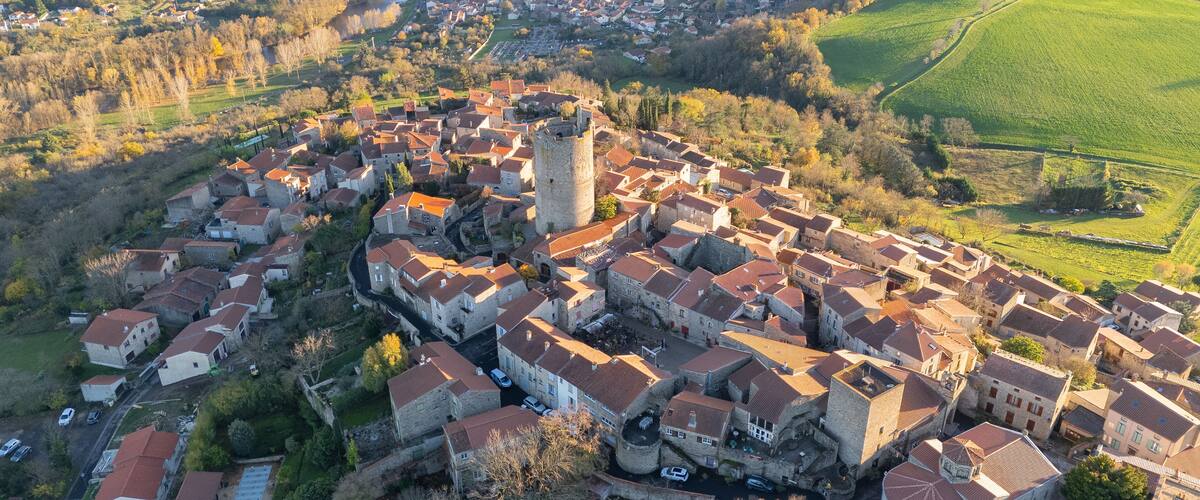 An aerial view of a historic town with a prominent tower, surrounded by lush green fields and a river.
