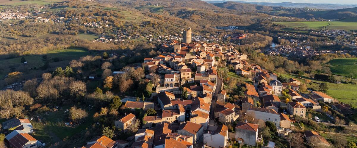A town with a prominent tower, surrounded by rolling hills and scattered houses.