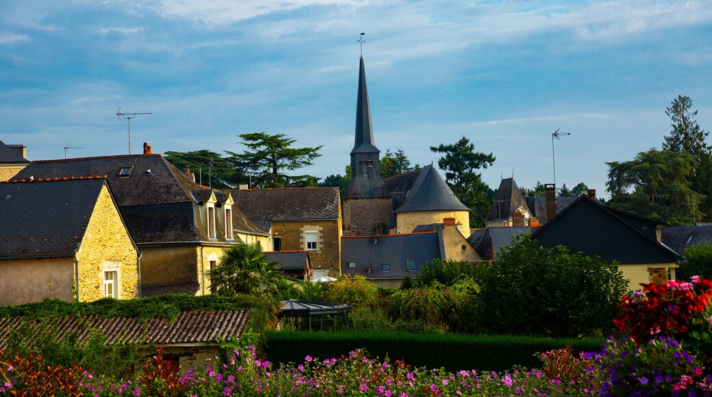 A village with historic buildings, a church spire, and a garden with colorful flowers.