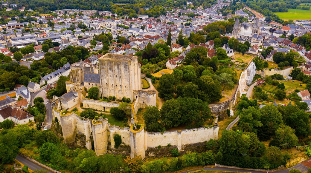 Scenic drone view of medieval fortified castle with royal residence and St Ours church in historic French town of Loches in summer..