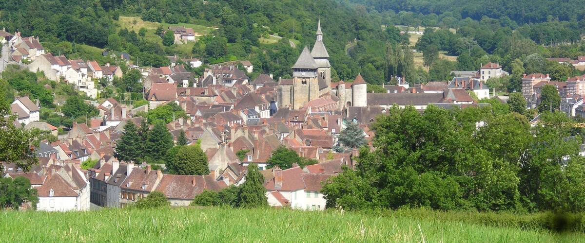 A historic town with a prominent church tower, surrounded by lush green hills and residential buildings.