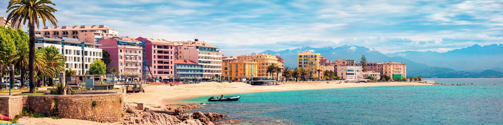 Panoramic spring cityscape of Ajaccio town. Splendid morning scene of Corsica island, France, Europe. Beautiful Mediterranean seascape. Traveling concept background.