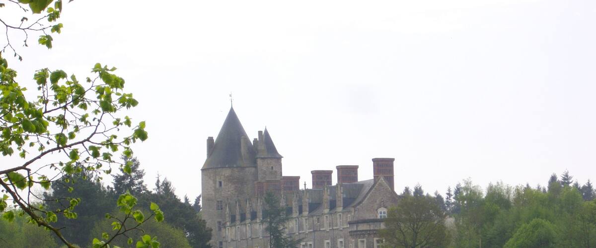 A large castle surrounded by a green field and trees.