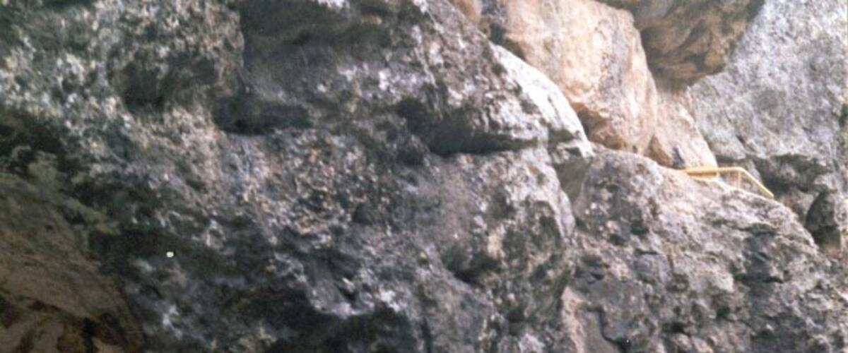 A rocky cliff with a cave entrance.