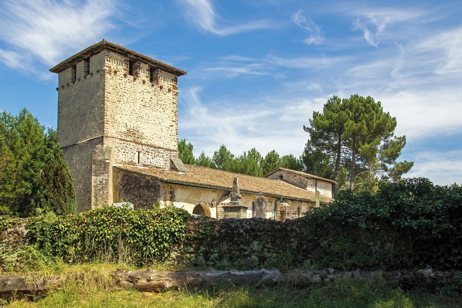 A historic stone tower with a tiled roof, surrounded by lush greenery and trees.