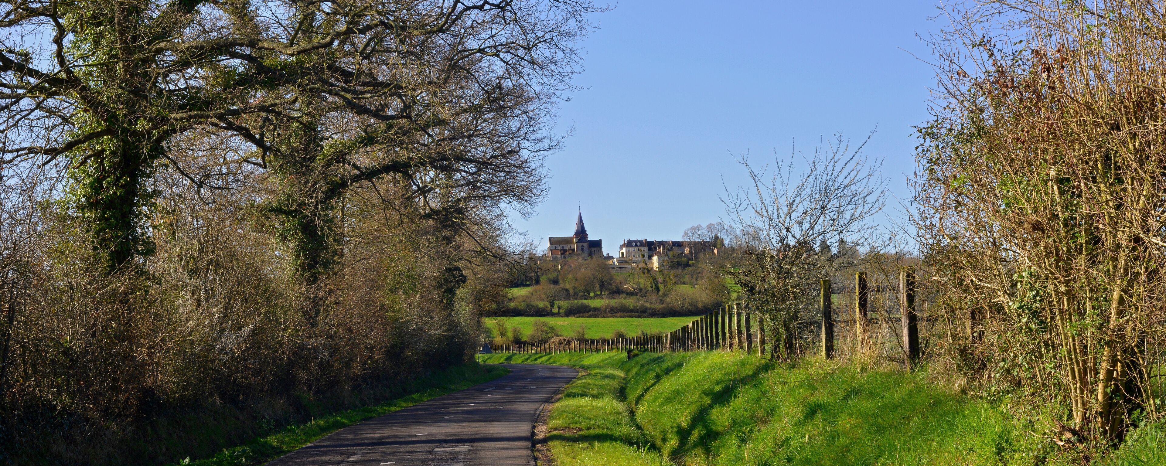 A rural road flanked by trees and a distant castle.