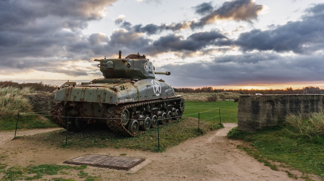 Un char d’assaut est exposé dans un champ verdoyant, avec un ciel nuageux en arrière-plan.
