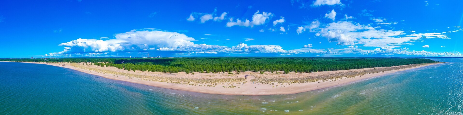 A coastal landscape with a sandy beach, dense forest, and clear blue sky.