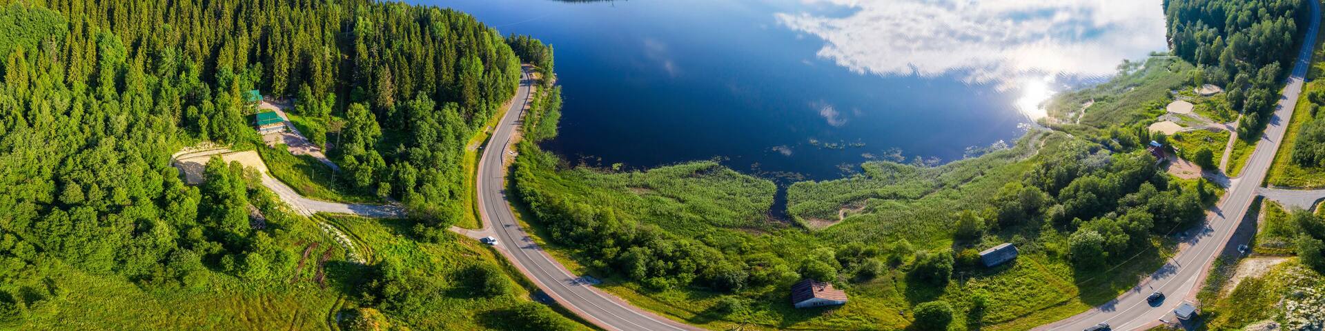 Aerial view of the system of lakes with islands