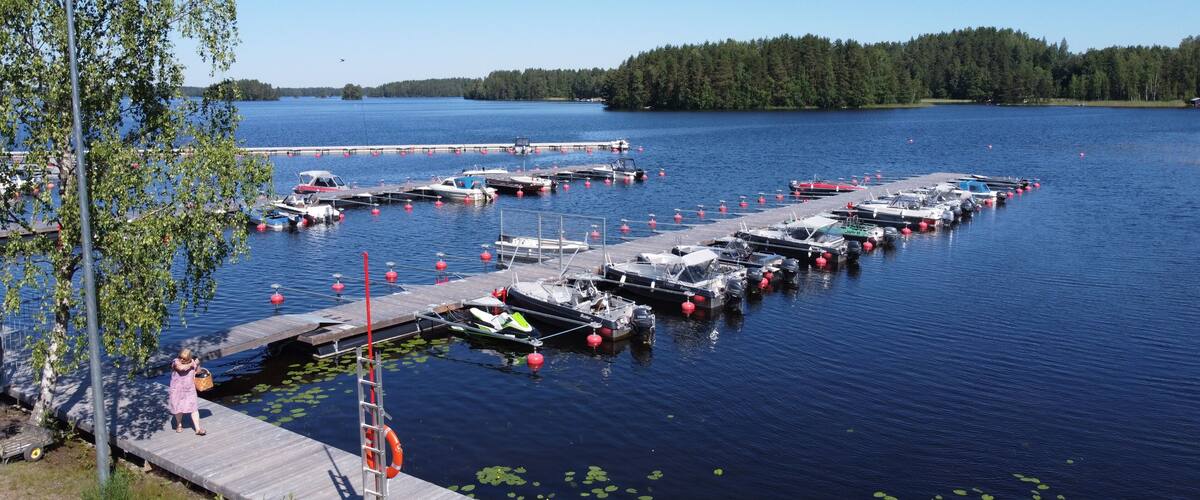 A marina with boats docked, a wooden pier, and a forested island in the background.