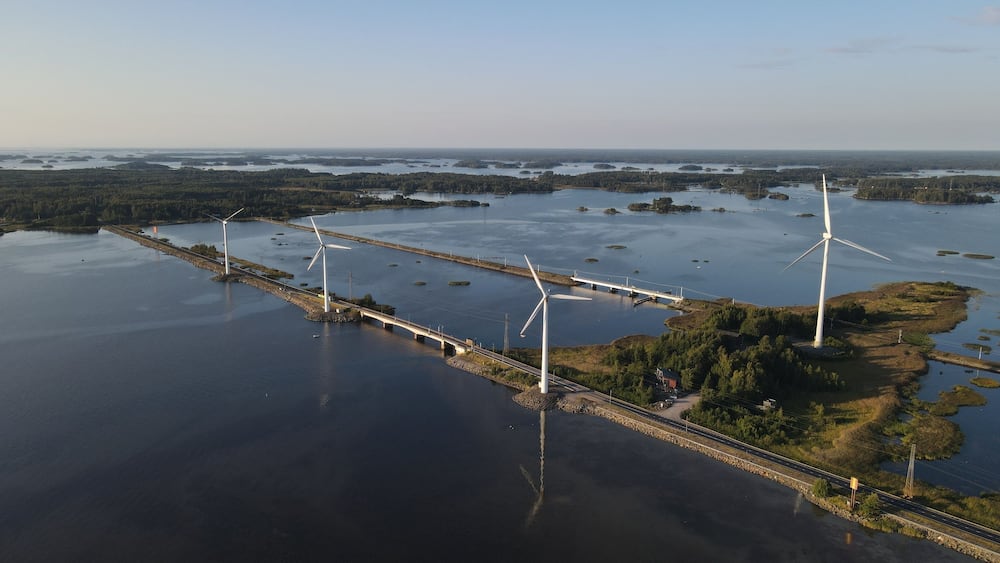 Aerial view of windmills in Pori, Finland. Wind turbines. Wind electric power