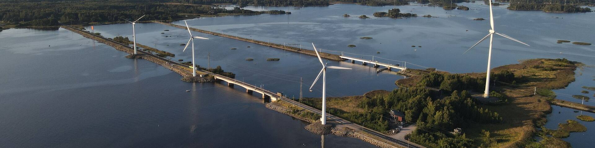 Aerial view of windmills in Pori, Finland. Wind turbines. Wind electric power