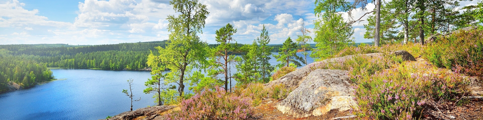 Blue Saimaa lake, rocks and pine trees, Finland, aerial view. Picturesque panoramic scenery. Atmospheric landscape. Pure nature, ecology, environmental conservation, eco tourism, travel destinations