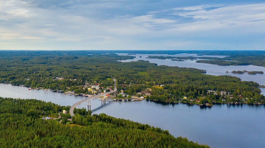 Aerial view on the bridge over the lake and trees in the forest on the shore. Blue lakes, islands and green forests from above on a cloudy summer day. Lake landscape in Finland, Puumala.