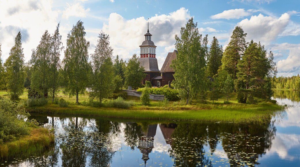 Finland landscape with forest and lake. Petajavesi church. Travel
