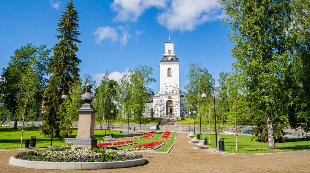 Kuopio, Finland / July 6 2020: View of The Snellmanninpuisto park and Kuopio Cathedral