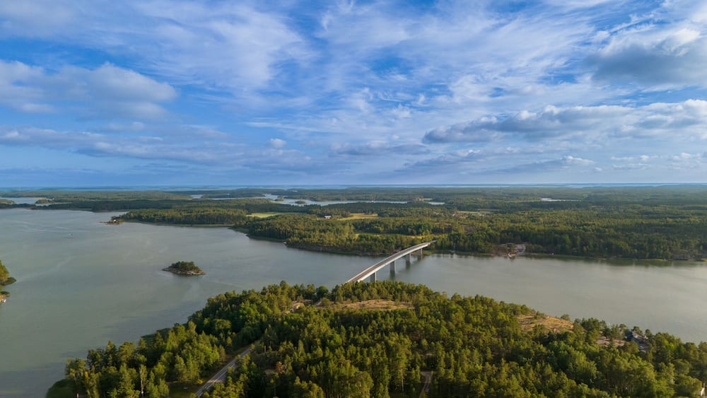 Aerial Drone View of Kustavi Bridge and Baltic Sea, Finland