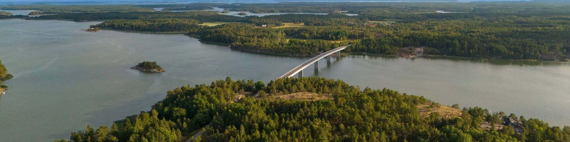 Aerial Drone View of Kustavi Bridge and Baltic Sea, Finland