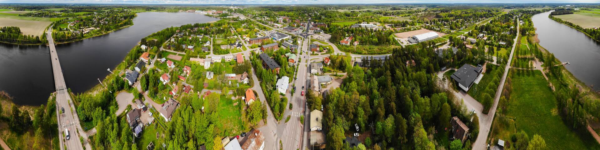 Aerial panoramic view of city Inkeroinen at river Kymijoki, Finland.