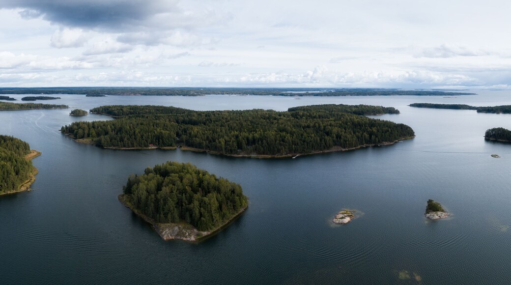 Aerial view of sea and islands at summer time. Finland. The Archipelago. Nordic Natural Landscape.