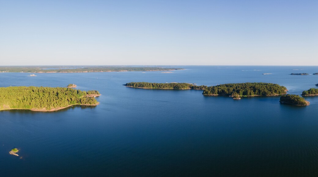 Aerial view of clean nordic nature. Beautiful rocks and island with woods in North Europe, Baltic sea, gulf of Finland.