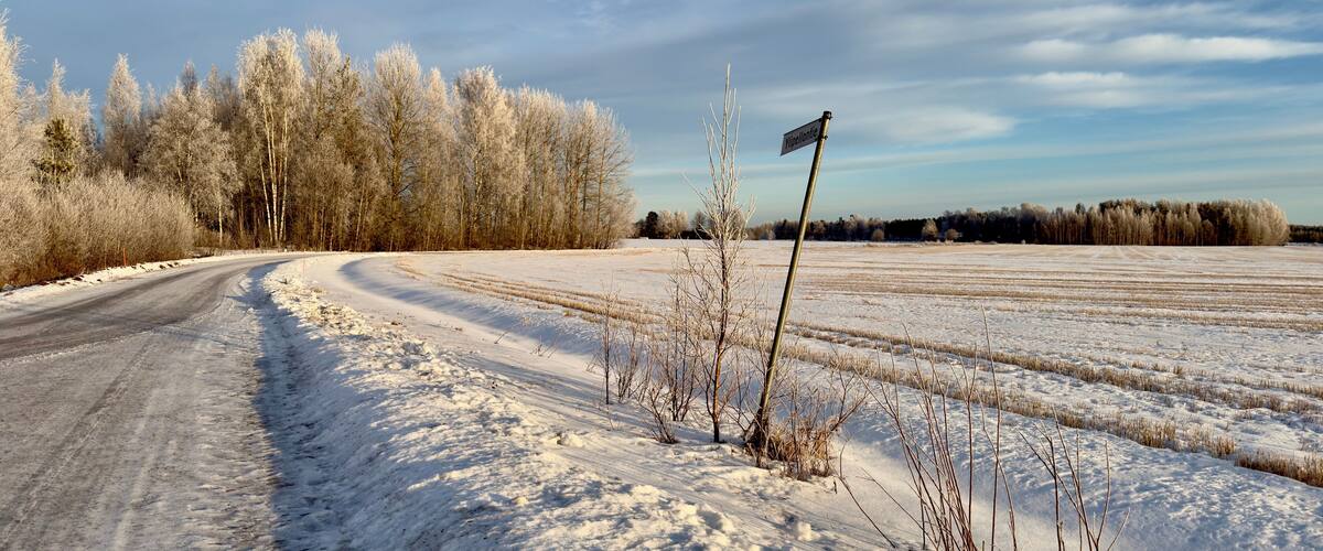 A snow-covered rural road curving through a field with a signpost in the distance.
