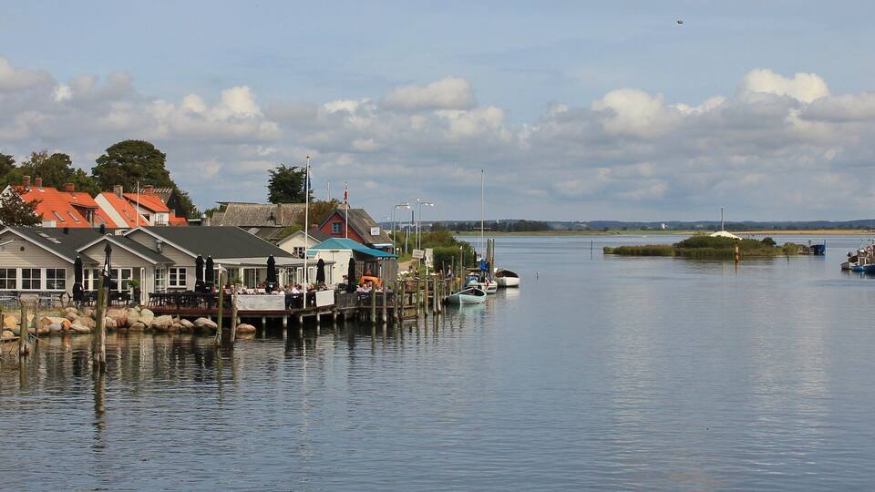 A riverside town with boats docked, a pier, and buildings with red roofs.