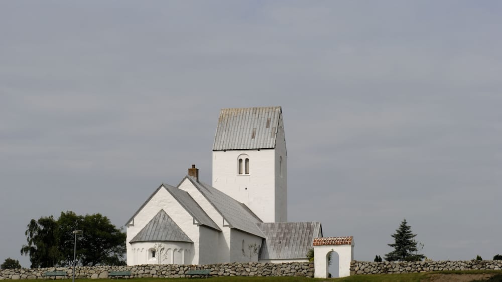 Typical white Danish church on island Fur in Jutland.