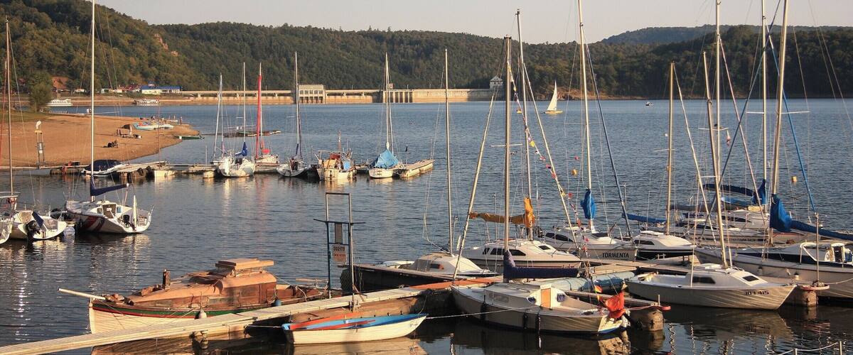 A marina with various boats docked, a sandy beach, and a forested hill in the background.